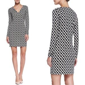 Diane von Furstenberg Reina Black & White Chain Link Print Silk Shift Dress Sz 6